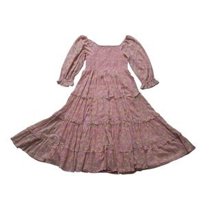 LoveShackFancy Dress Women's Medium Pink Capri Smocked Midi Off Shoulder Cottage